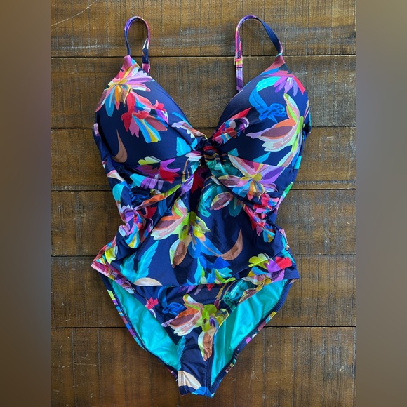 La Blanca Indigo Sea Twist Keyhole Push Up 1pc Swimsuit 12 Large NWT - Picture 3 of 6